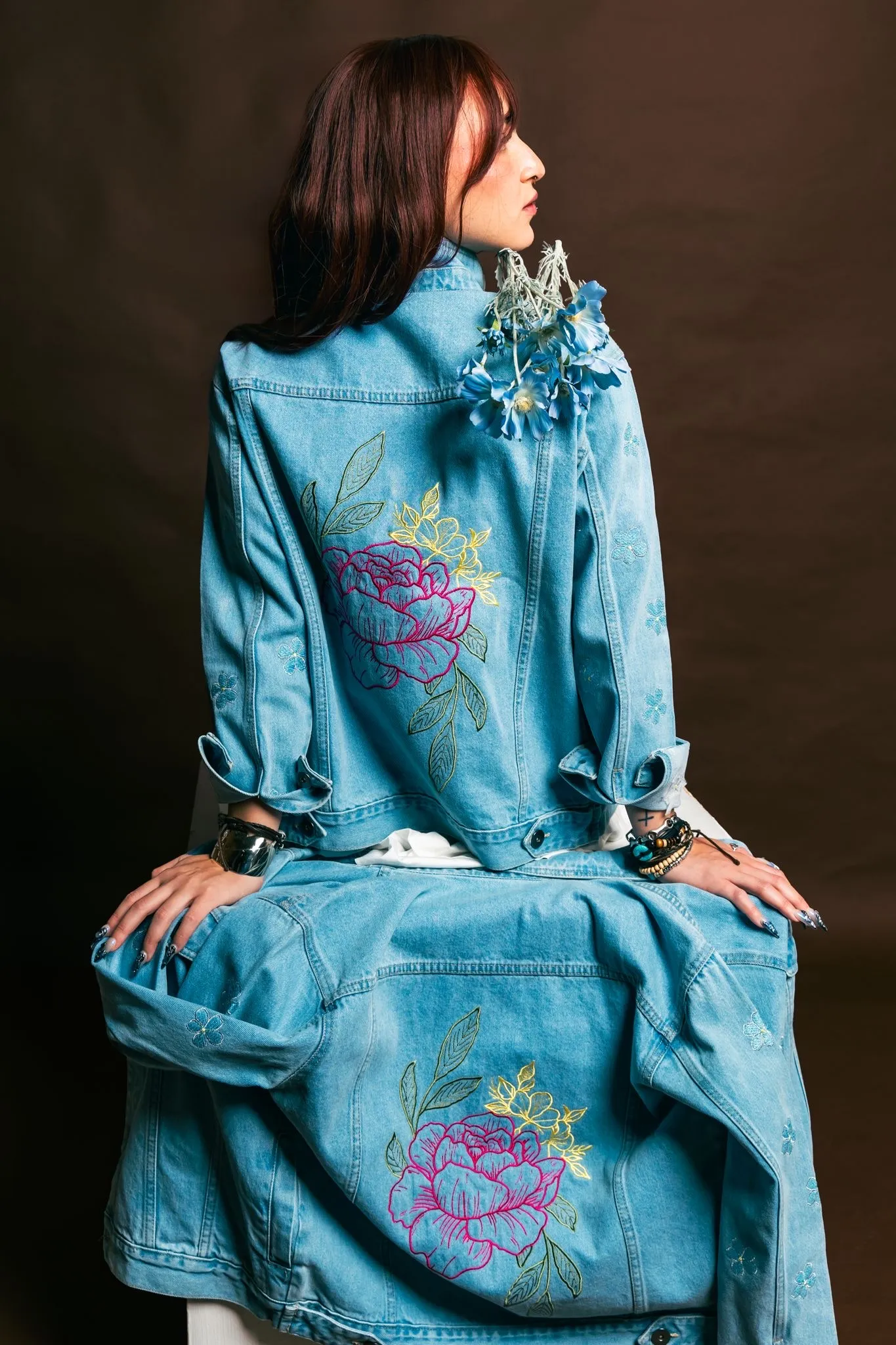 Back of the embroidered rose denim jacket